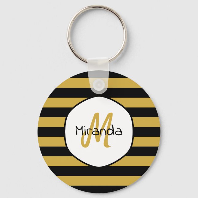 Cute Black Gult Bee Rand Namn och Monogram Nyckelring (Framsida)