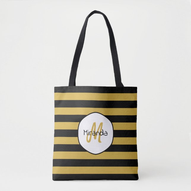Cute Black Gult Bee Rand Namn och Monogram Tygkasse (Framsida)
