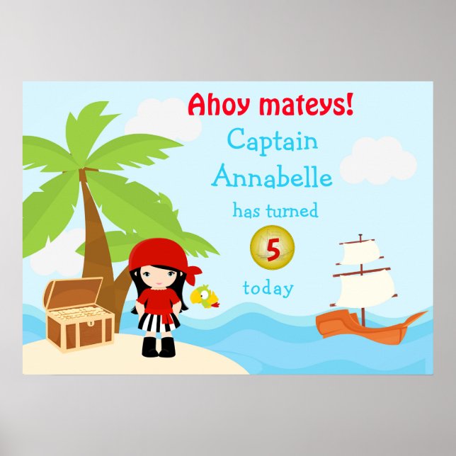 Cute Black Hair Pirat Girl i Red Birthday Poster (Framsidan)
