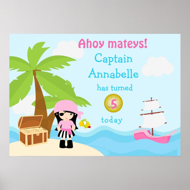 Cute Black Hair Pirat Girl Rosa Birthday Poster (Framsidan)