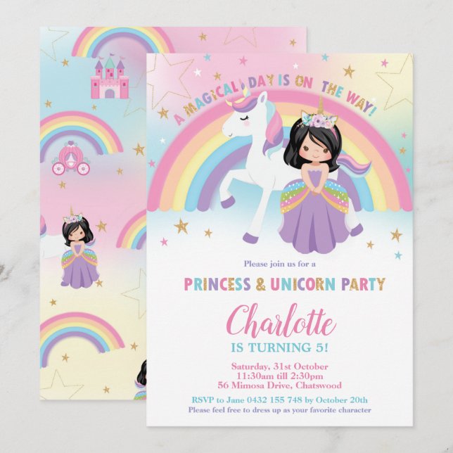 Cute Black Hair Princess Unicorn Rainbow Birthday Inbjudningar (Fram/baksida)