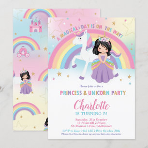 Cute Black Hair Princess Unicorn Rainbow Birthday Inbjudningar