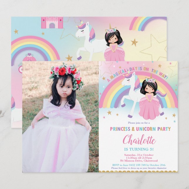 Cute Black Hair Princess Unicorn Rainbow Birthday Inbjudningar (Fram/baksida)