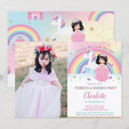 Cute Black Hair Princess Unicorn Rainbow Birthday Inbjudningar