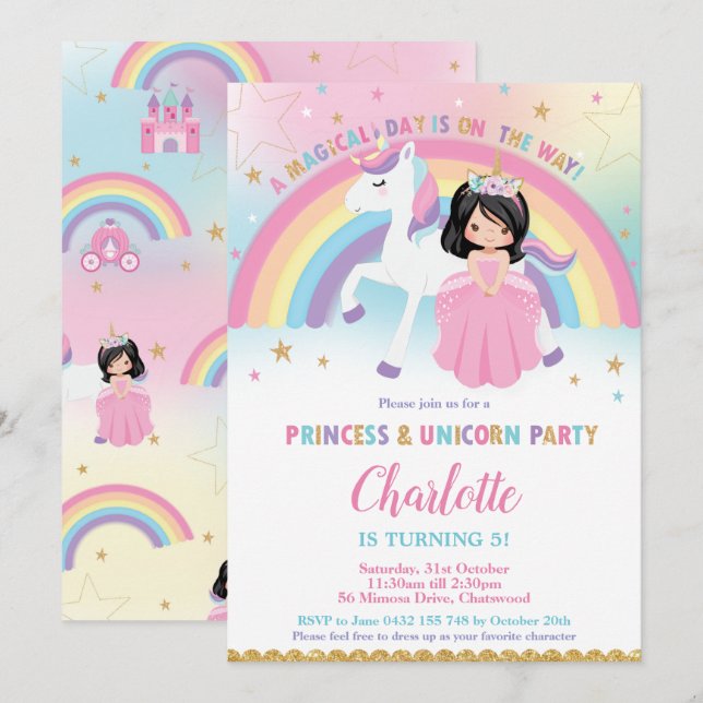 Cute Black Hair Princess Unicorn Rainbow Birthday Inbjudningar (Fram/baksida)