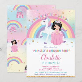 Cute Black Hair Princess Unicorn Rainbow Birthday Inbjudningar