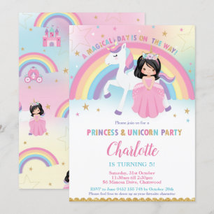 Cute Black Hair Princess Unicorn Rainbow Birthday Inbjudningar