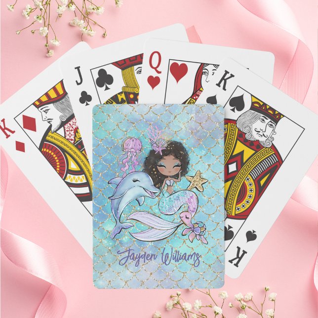 Cute Black Hair Sjöjungfru Custom Name Girl Birthd Casinokort (Cute Black Hair Mermaid Custom Name Girl Birthday Poker Cards
)