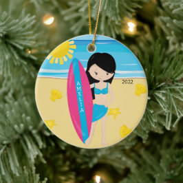 Cute Black Hair Surfer Girl Personlig jul Julgransprydnad Keramik