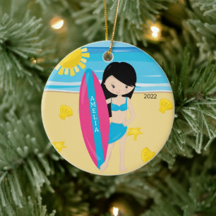 Cute Black Hair Surfer Girl Personlig jul Julgransprydnad Keramik