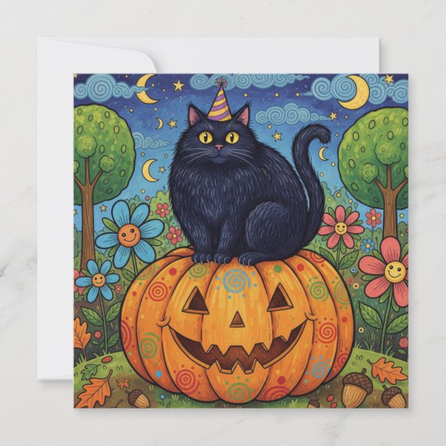 Cute Black Halloween Cat och Pumpkin Julkort (Framsida)