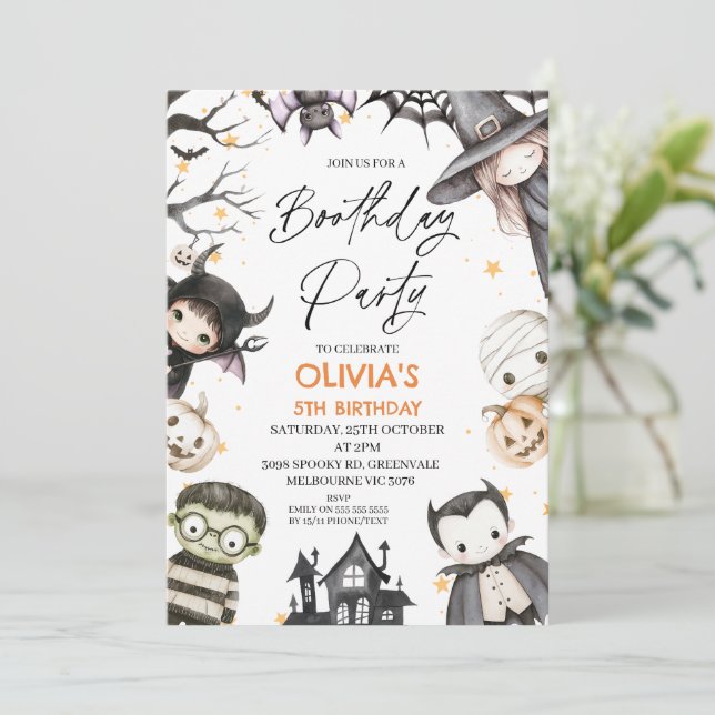 Cute Black Halloween Girls Boothday Party Birthday Inbjudningar (Stående Fram)