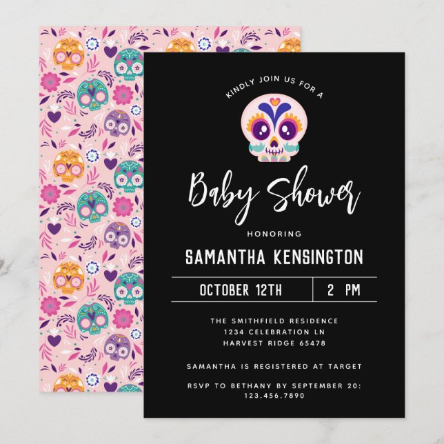 Cute Black Halloween Rosa Sugar Skull Baby Shower Inbjudningar (Fram/baksida)
