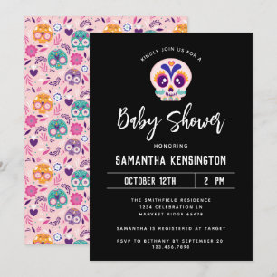 Cute Black Halloween Rosa Sugar Skull Baby Shower Inbjudningar