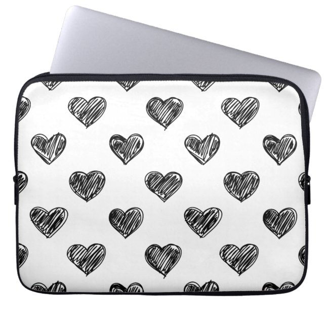 CUTE BLACK HEARTS DOODLES MÖNSTER LAPTOP SLEEVE (Framsidan)