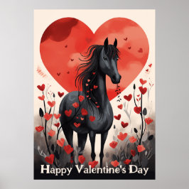 Cute Black Horse and Hearts Glad Valentine Day Poster