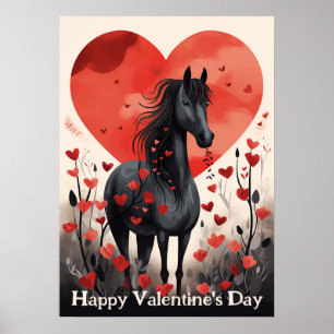 Cute Black Horse and Hearts Glad Valentine Day Poster