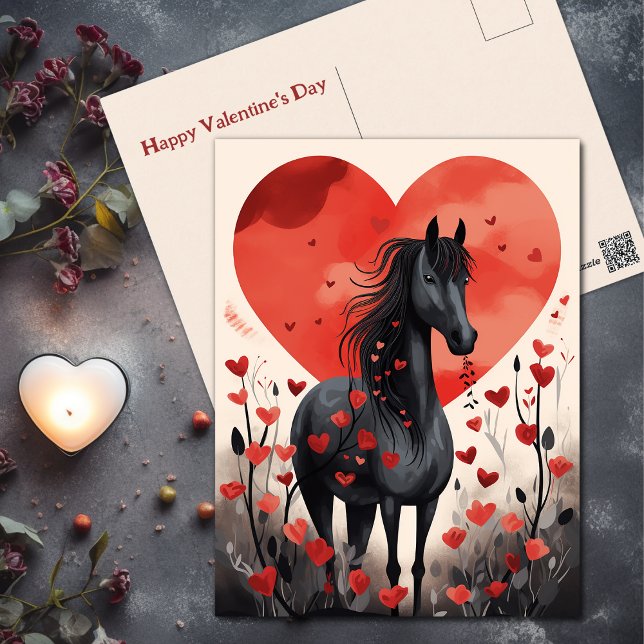Cute Black Horse and Hearts Valentine Day Helg Vykort (Cute Black Horse and Hearts Valentine's Day Holiday Postcard)