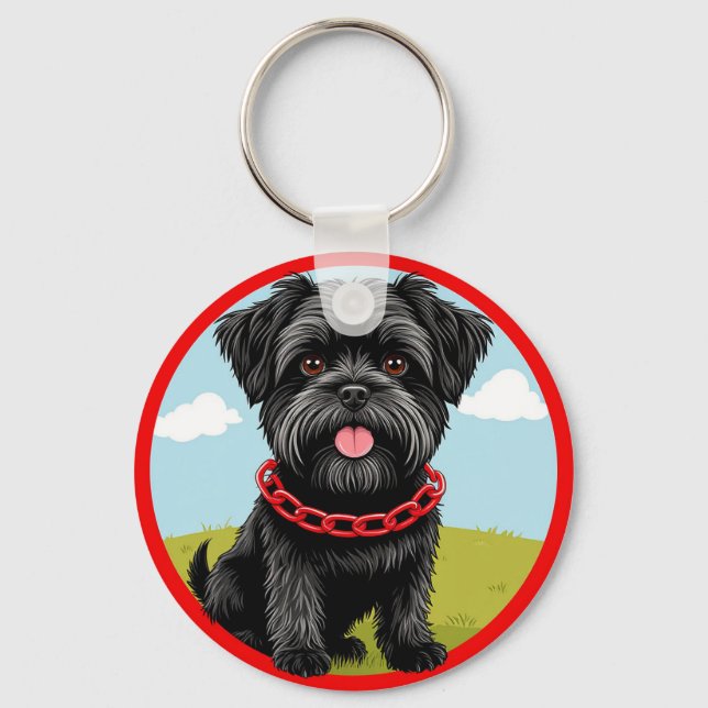 Cute Black-Hund med rödkronor i Tecknad Stil Nyckelring (Framsida)