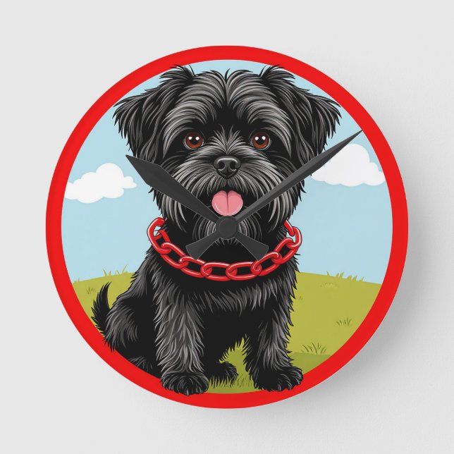 Cute Black-Hund med rödkronor i Tecknad Stil Rund Klocka (Framsida)