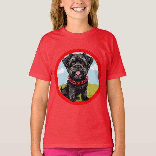 Cute Black-Hund med rödkronor i Tecknad Stil T Shirt (Framsida)