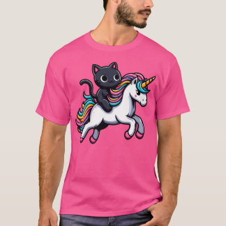 Cute Black Kattunge Riding A Unicorn T Shirt