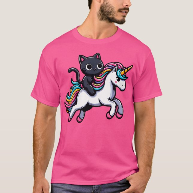 Cute Black Kattunge Riding A Unicorn T Shirt (Framsida)