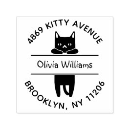 Cute Black Kattunge Tecknad Round Returadress Självfärgande Stämpel