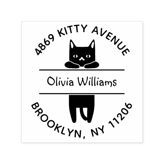 Cute Black Kattunge Tecknad Round Returadress Självfärgande Stämpel (Design)
