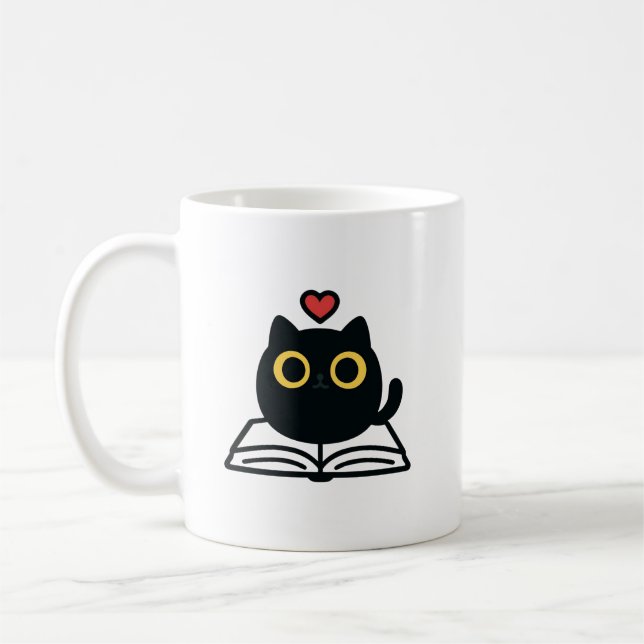 Cute Black Kawaii Cat Reading Book Cartoon Kaffemugg (Vänster)