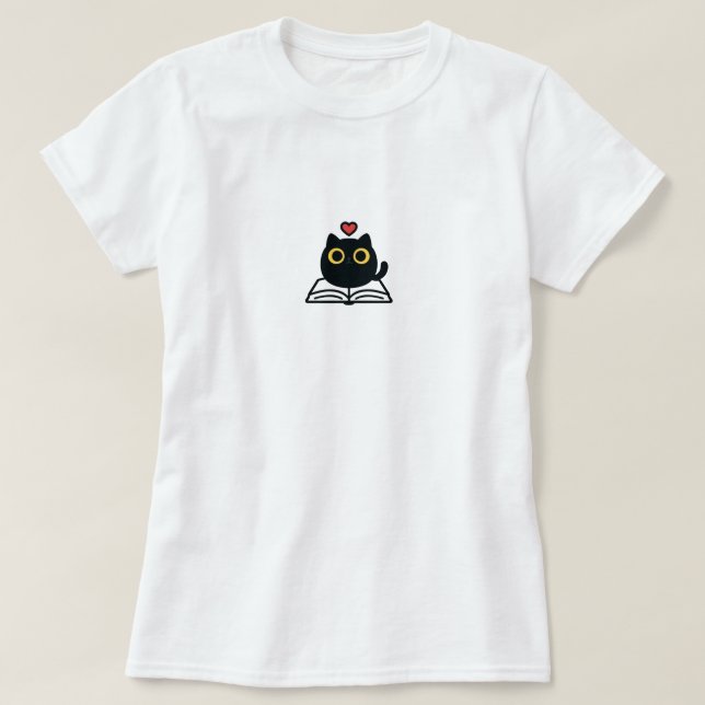 Cute Black Kawaii Cat Reading Book Cartoon T Shirt (Design framsida)