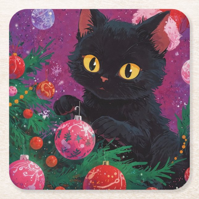 Cute Black Kitten and Christmas Tree Underlägg Papper Kvadrat (Framsidan)