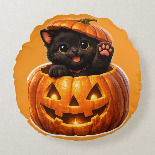 Cute black kitten and jack-o'-lantern spooky sweet rund kudde (Framsidan)