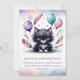Cute Black Kitten Birthday Invitation  Boho  Inbjudningar