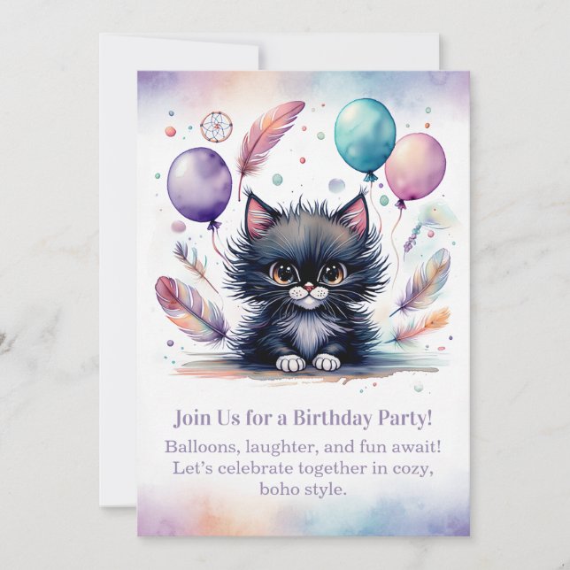 Cute Black Kitten Birthday Invitation  Boho  Inbjudningar (Framsida)
