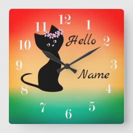 Cute black kitten cat gradient coral blue backgrou fyrkantig klocka