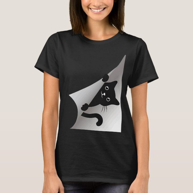 Cute Black Kitten Cat Peeking Kattunge T Shirt (Framsida)
