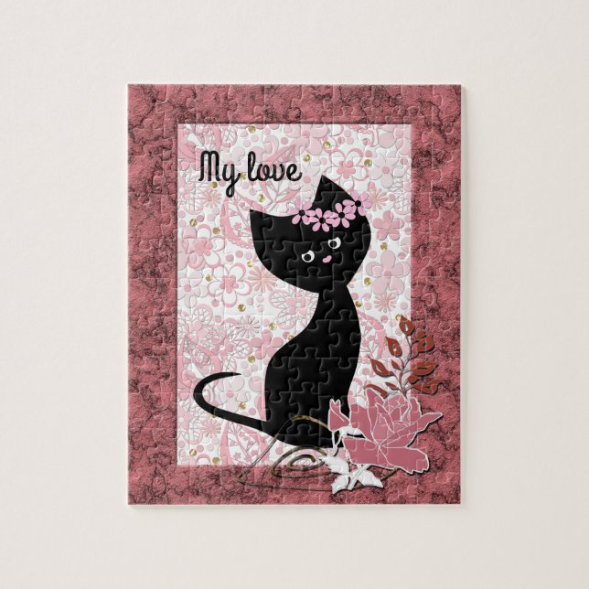 Cute black kitten cat personlig wand blommigt p pussel (Vertikal)