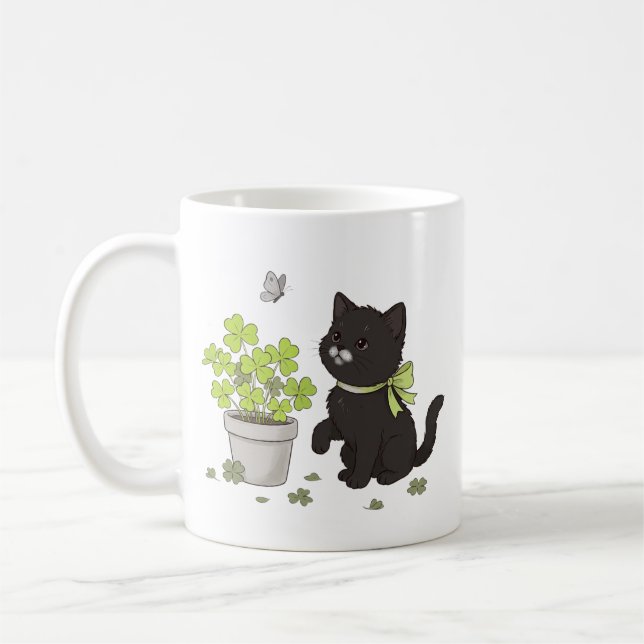 Cute Black Kitten Cozy Nature Cat Illustration Mug Kaffemugg (Vänster)