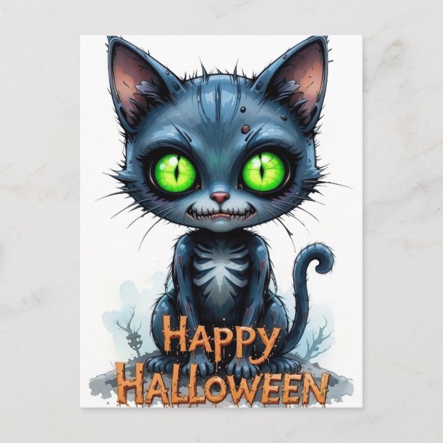 Cute Black Kitten Halloween Whimsical Cat Lover Vykort (Framsida)