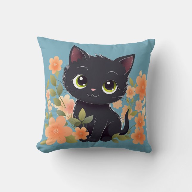 Cute Black Kitten, House Panther med Flowers Kudde (Framsida)