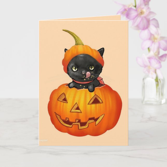Cute Black Kitten i Pumpkin Halloween Card Kort (Orkide)