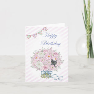 Cute Black Kitten i Rosa Bouquet Söt Birthday Kort