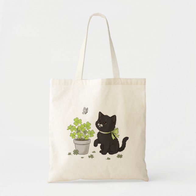 Cute Black Kitten & Lucky Clover Tote Bag Tygkasse (Framsidan)
