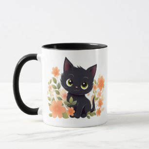 Cute Black Kitten med blommor Mugg