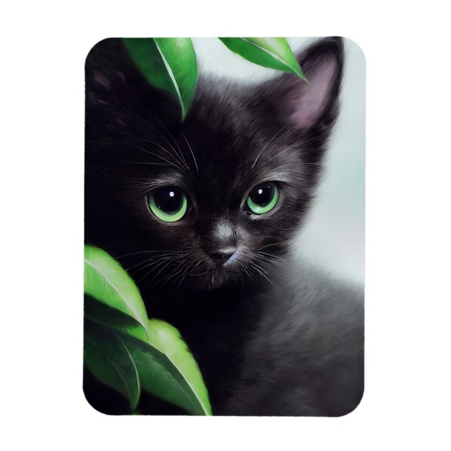 Cute Black Kitten med Grönt Öga Magnet (Vertikal)