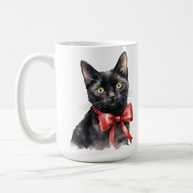 CUTE BLACK KITTEN MED HELGDAG RED BOW KAFFEMUGG (Vänster)