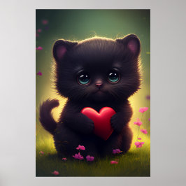 Cute Black Kitten med hjärta och blommor Poster