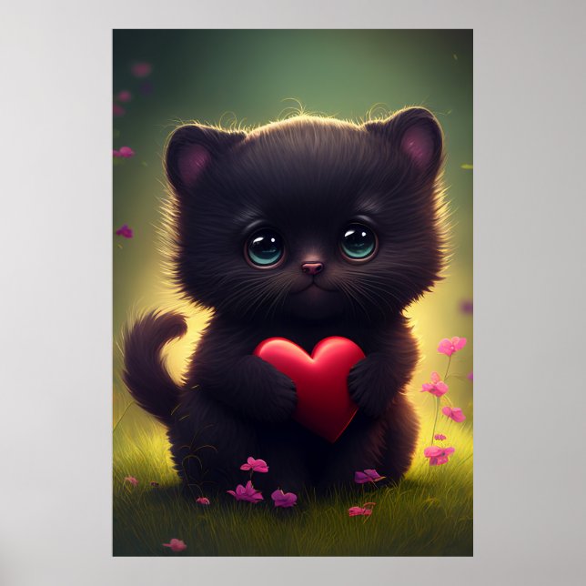 Cute Black Kitten med hjärta och blommor Poster (Framsidan)