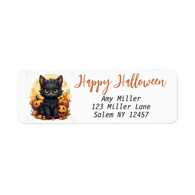 Cute Black Kitten med Jack-O-Lanternor Halloween Returadress Etikett (Framsidan)